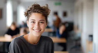 Portrait d'une lycéenne dans une salle de classe