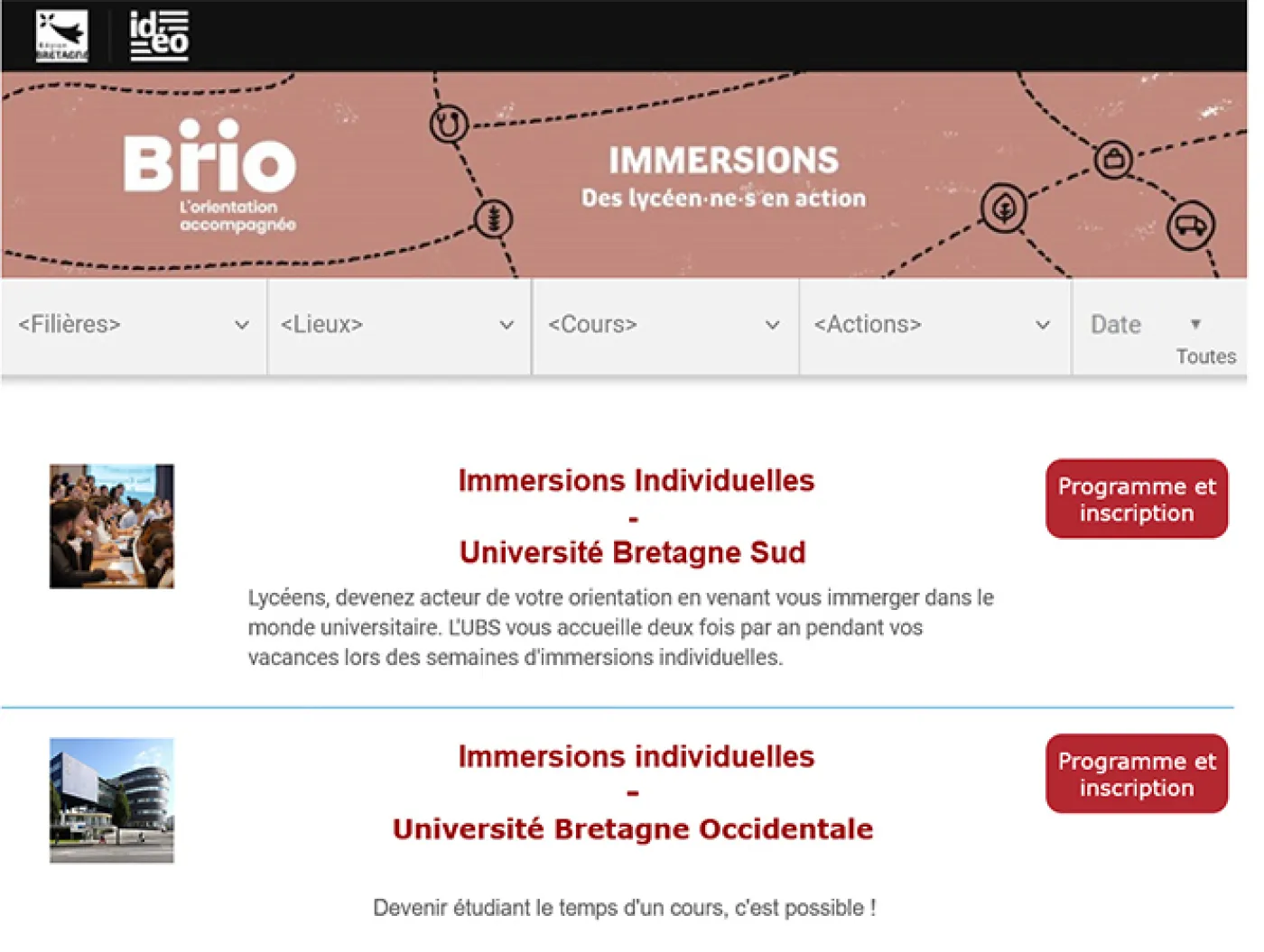 La page d'accueil du catalogue des immersions.