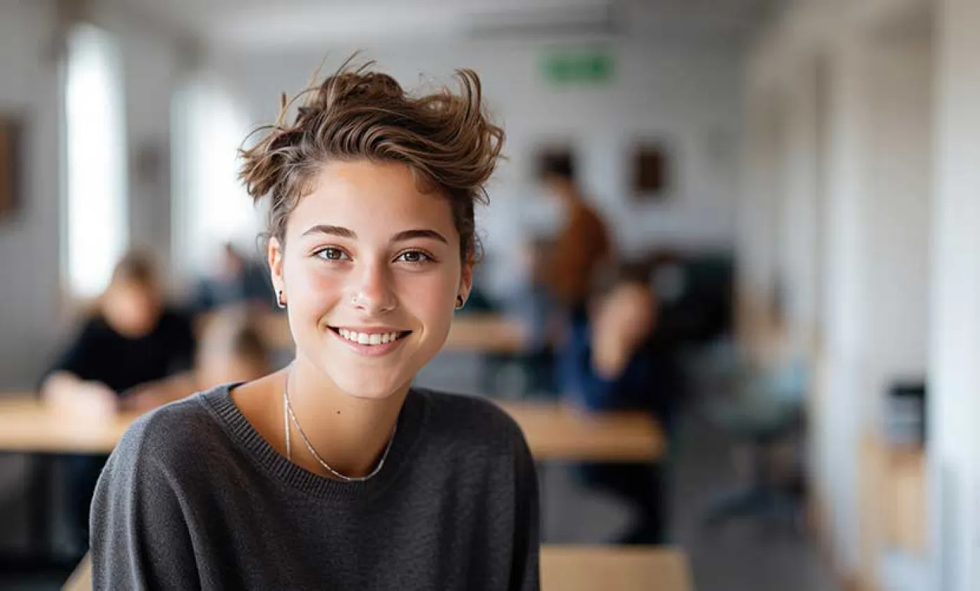 Portrait d'une lycéenne dans une salle de classe
