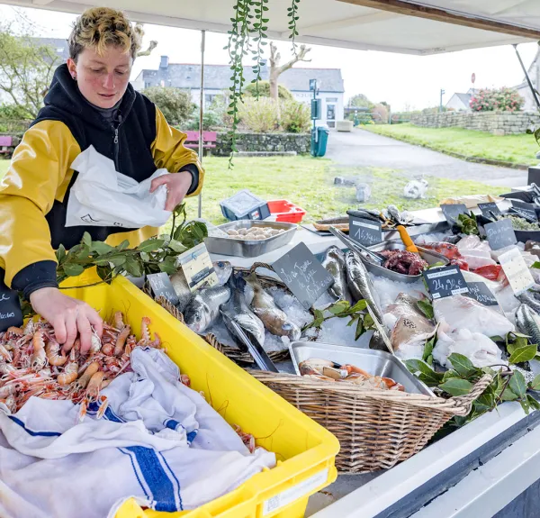 Ophélie Bonetti prépare son étal de poissons et crustacés.