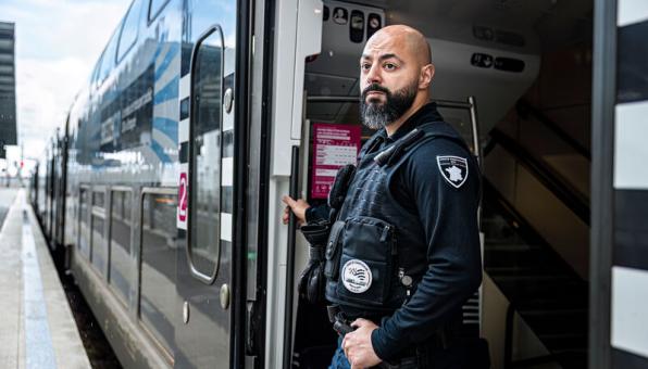 Un agent de sûreté ferroviaire sur un quai de gare.