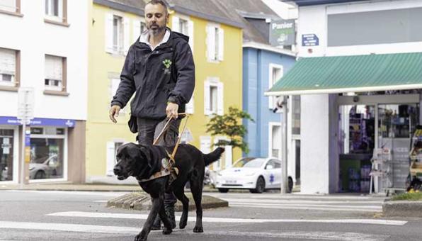 Bastien Vozelle, éducateur de chiens guides d'aveugles apprend à un chien à faire un parcours dans la ville