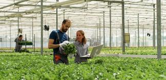 Un paysan montre à une agronome sa production